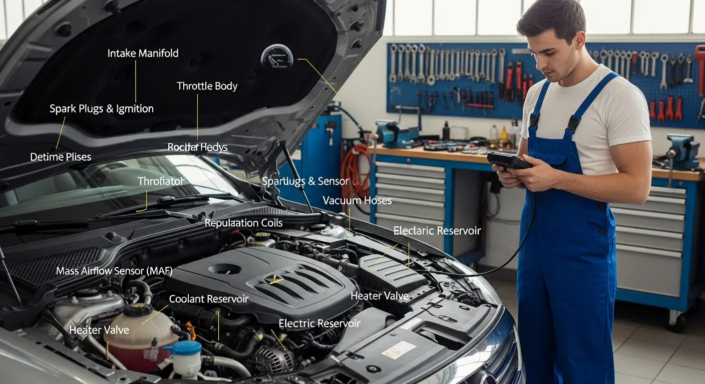 Automobil s otvorenom haubom dok mehaničar pregledava motor zbog problema s neravnomjernim radom u praznom hodu.