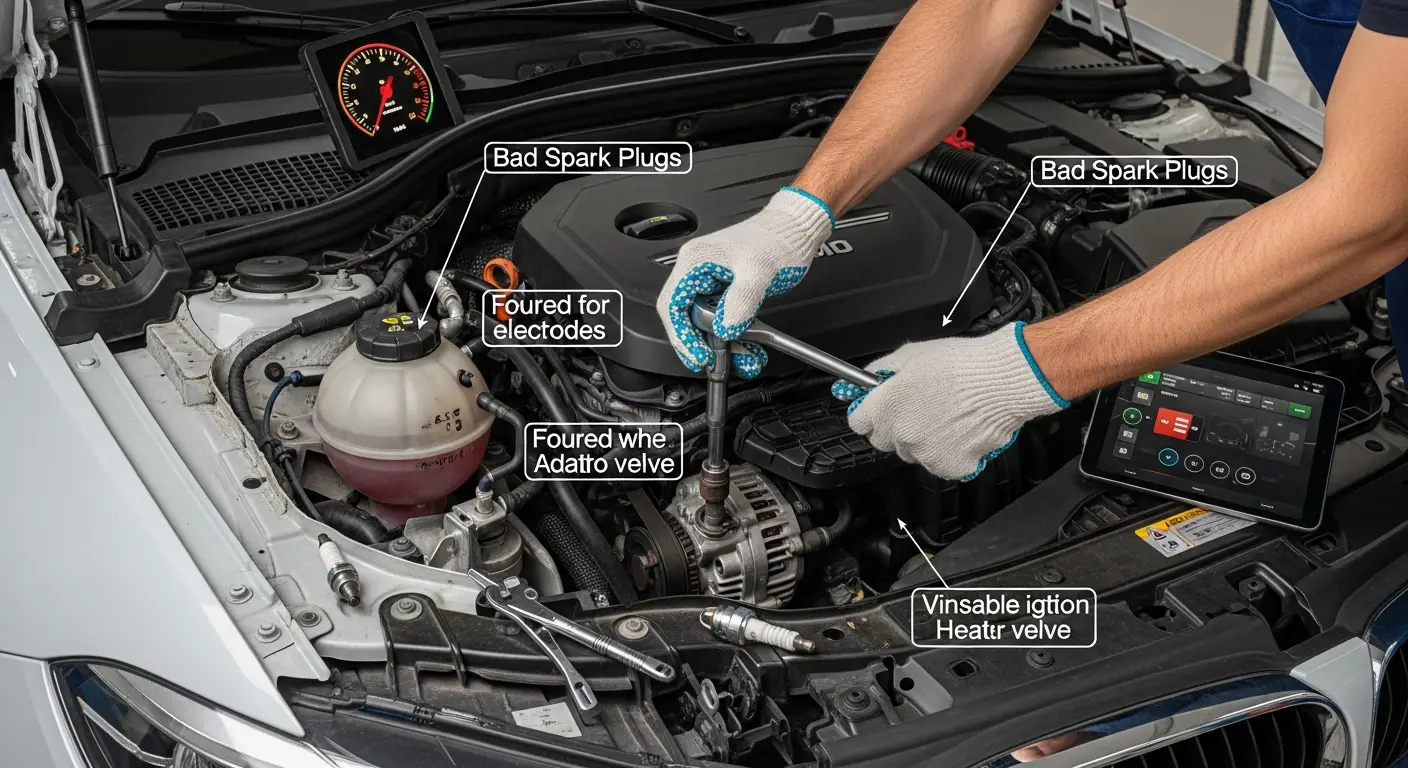 Automobilski mehaničar drži istrošenu svjećicu pored nove svjećice, pokazujući razlike između njih.
(Mechanic holding a worn spark plug next to a new one, showing the differences.)