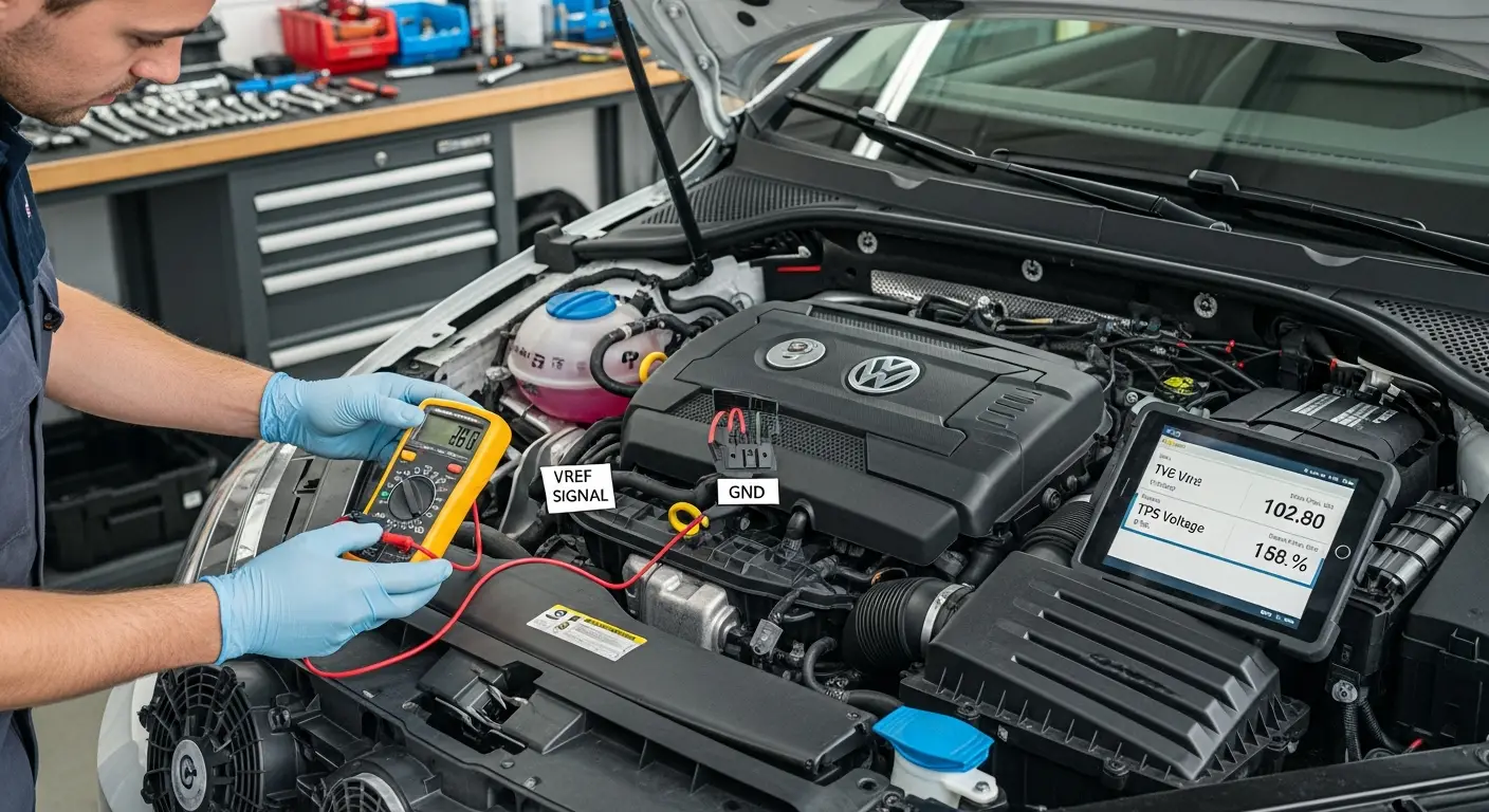 Automobilski mehaničar koristi multimetar za provjeru senzora položaja leptira gasa (TPS) u motornom prostoru vozila.