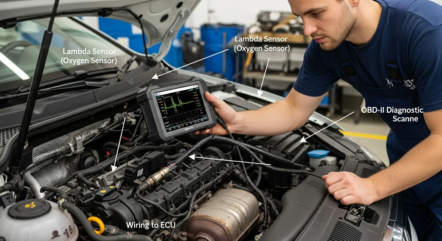 Automobilski mehaničar pregledava lambda sondu ispod automobila pomoću ručne lampe za otkrivanje mogućih kvarova.