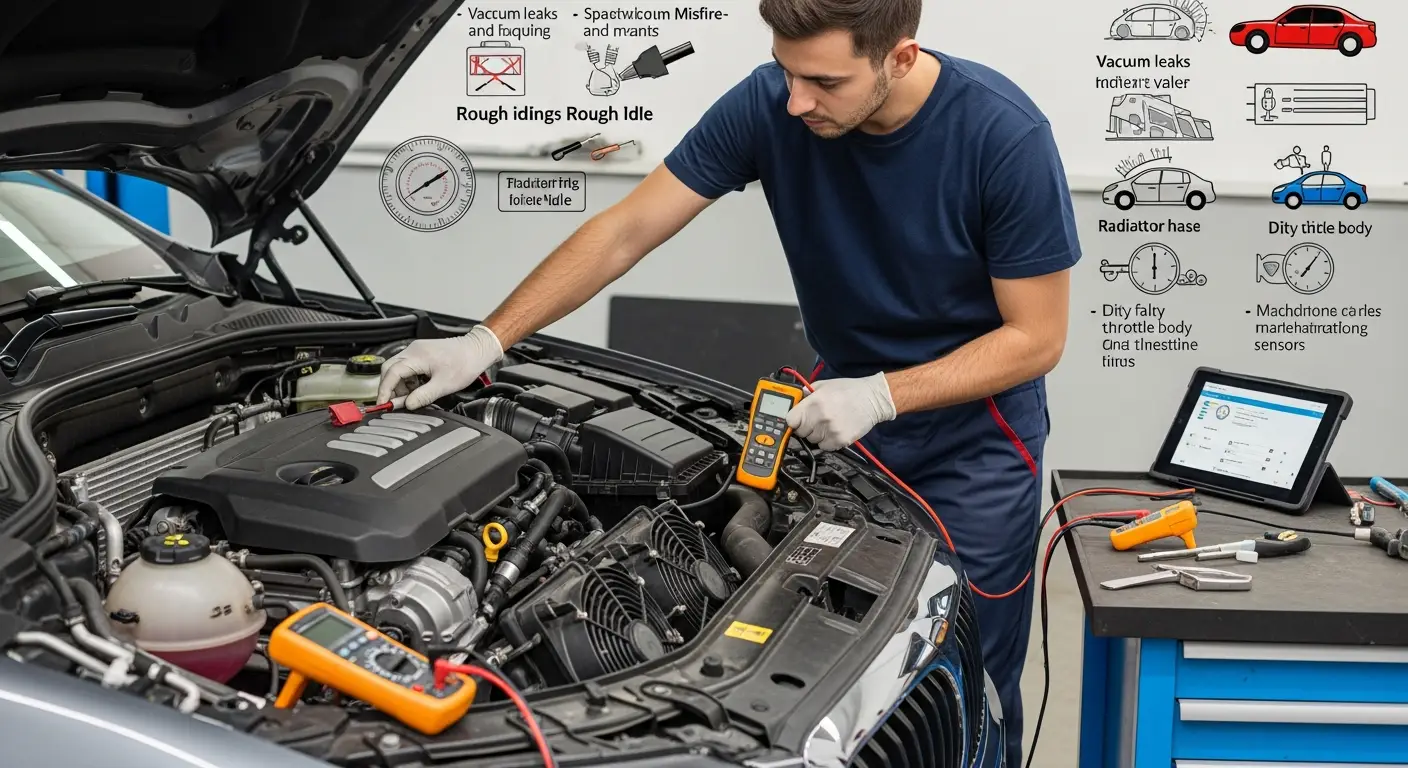 Automobilski motor radi neravnomjerno u praznom hodu dok vozač sjedi za volanom.
(Motor automobila trese se i radi nepravilno pri zaustavljenom vozilu.)