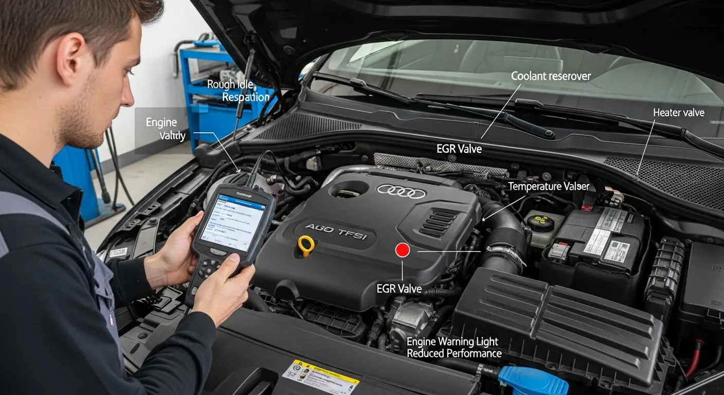 Automobilski motor s istaknutim EGR ventilom prikazuje potencijalne simptome kvara, uključujući neravnomjeran rad motora i povećane emisije ispušnih plinova.
(The image shows a car engine with a highlighted EGR valve, illustrating possible symptoms of malfunction such as rough idling and increased exhaust emissions.)