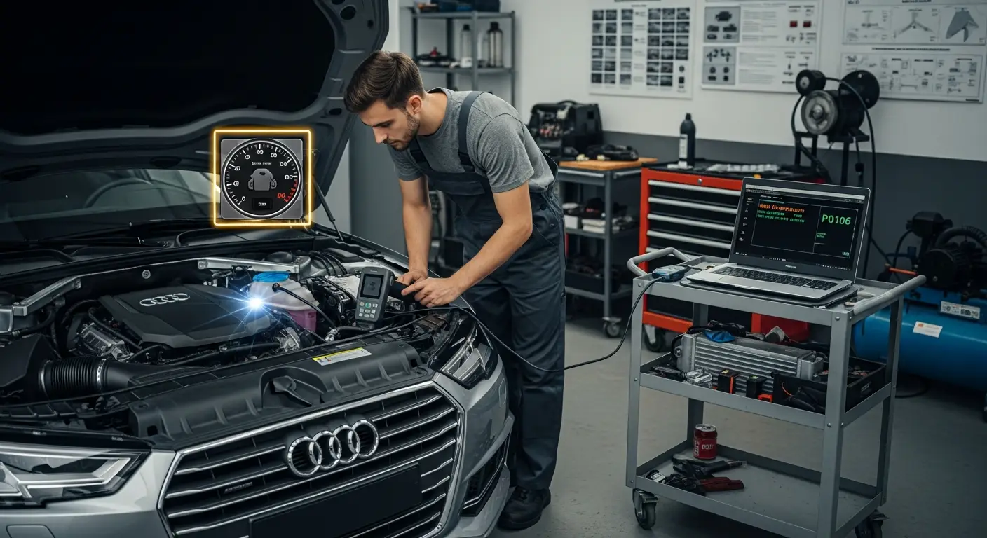 Automobilski motor s istaknutim MAP senzorom i grafičkim prikazom simptoma kvara kao što su nepravilan rad motora i povećana potrošnja goriva.