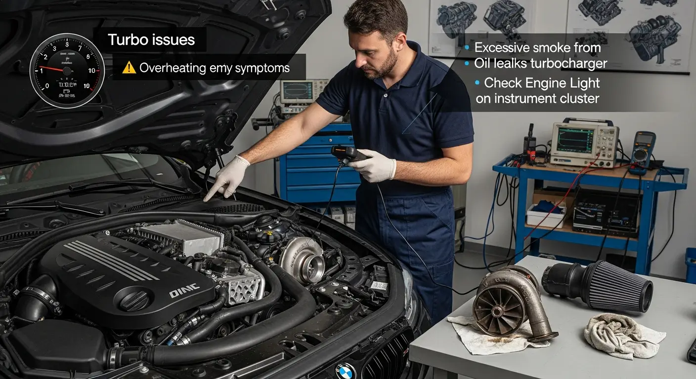 Automobilski motor s otvorenim poklopcem, prikazuje turbo punjač i povezane dijelove, naglašavajući područja mogućih oštećenja i curenja.