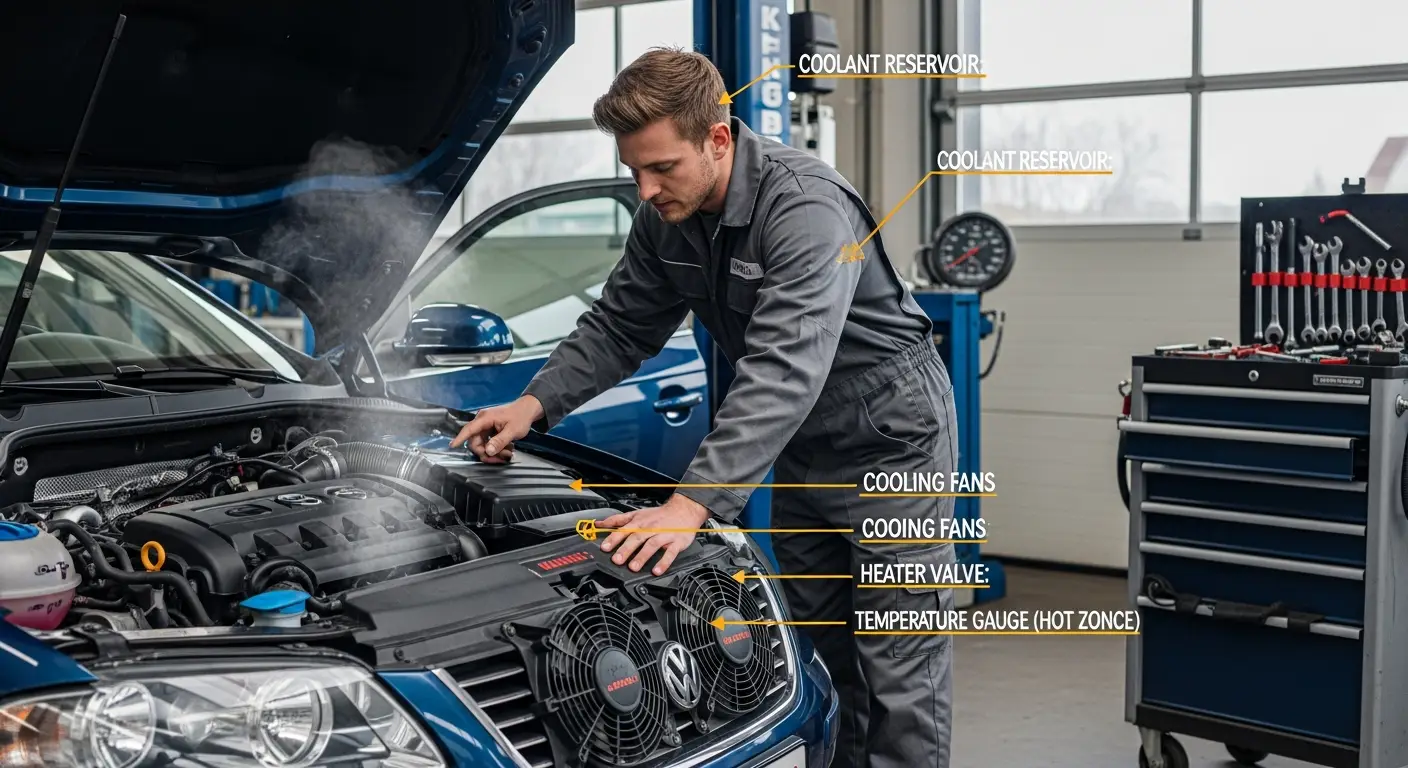 Automobilski motor s otvorenom haubom ispušta paru, dok vozač zabrinuto gleda u motor, prikazujući simptome i uzroke pregrijavanja motora te mogući odgovor na situaciju.