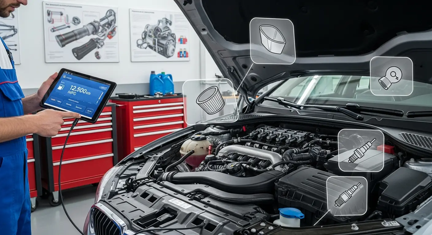 Automobilski motor s otvorenom haubom, mehaničar pregledava motor zbog prekomjerne potrošnje goriva.