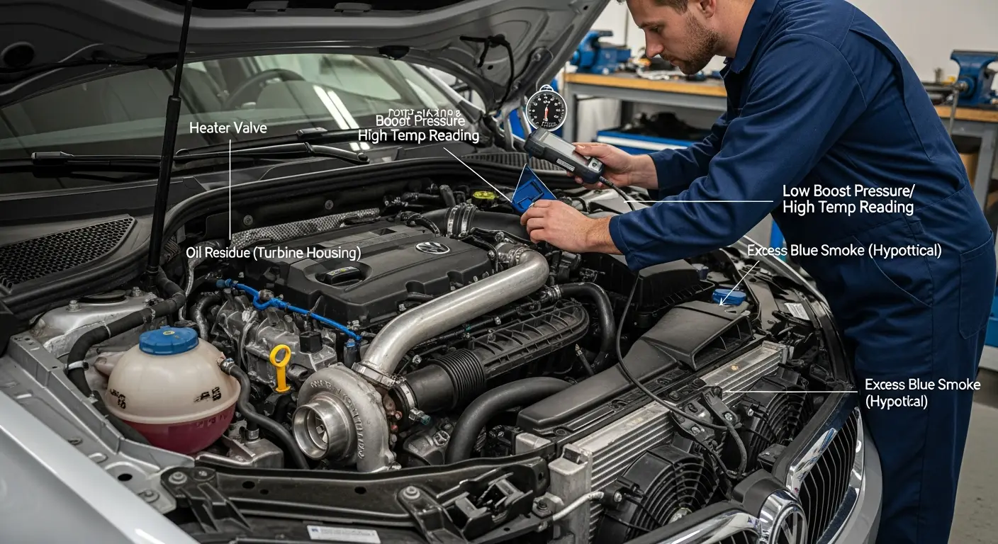 Automobilski motor s otvorenom haubom prikazuje turbo punjač, a mehaničar pregledava dijelove zbog mogućih kvarova.