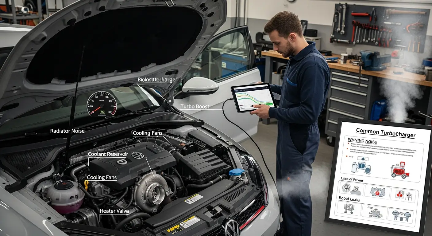 Automobilski motor s otvorenom haubom prikazuje turbo punjač i povezane dijelove, ilustrirajući moguće simptome i probleme s turbopunjačem.