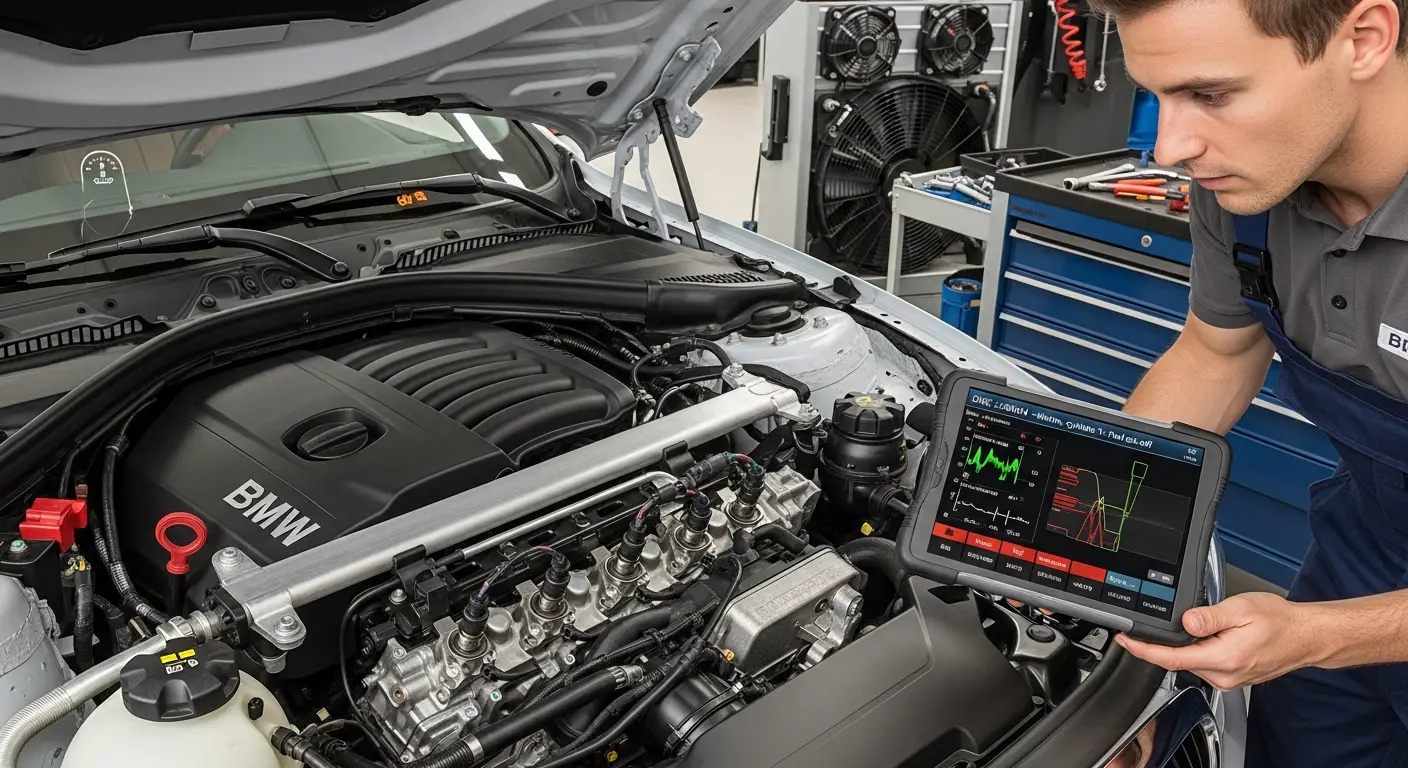 Automobilski motor s označenim dijelovima sustava ubrizgavanja goriva, uključujući injektore, pumpu goriva i filter, uz ilustraciju mogućih problema i simptoma kvara.