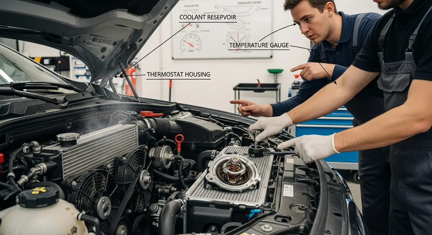 Automobilski motor s uklonjenim termostatom prikazuje gdje dolazi do curenja rashladne tekućine, što je jedan od simptoma kvara termostata.