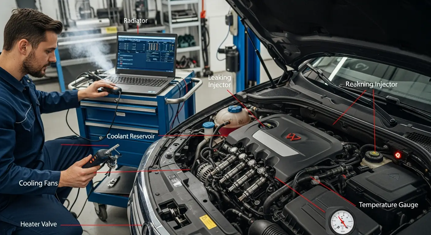 Dizel injektor uklonjen iz motora, prikazan s vidljivim tragovima istrošenosti i nečistoća na vrhu. Oko injektora nalaze se alati za dijagnostiku i zamjenu.