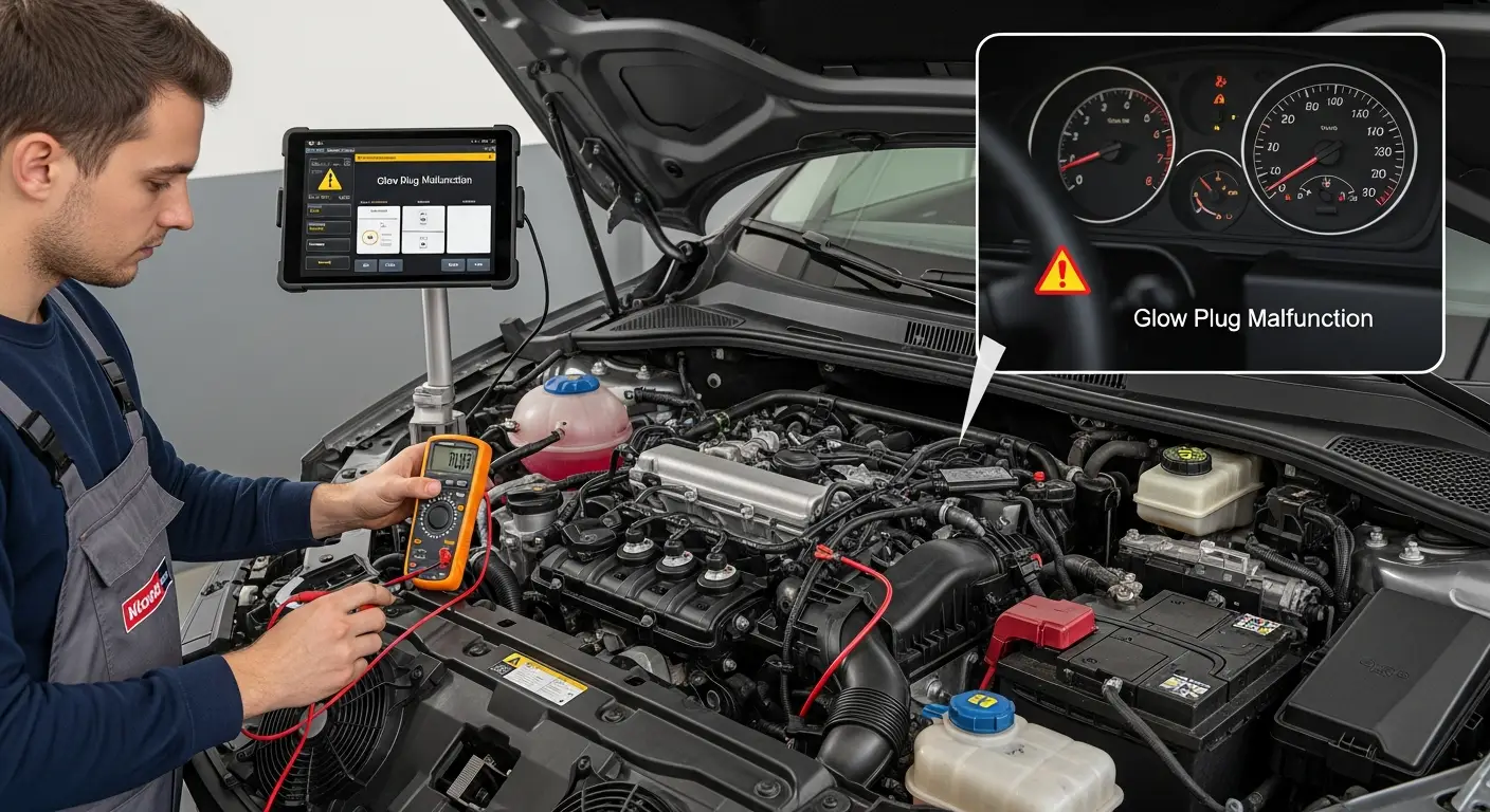 Dizelski motor s otvorenim poklopcem motora, fokusiran na svjećice žara, uz prikaz simptoma i dijagnostike problema sa svjećicama žara.