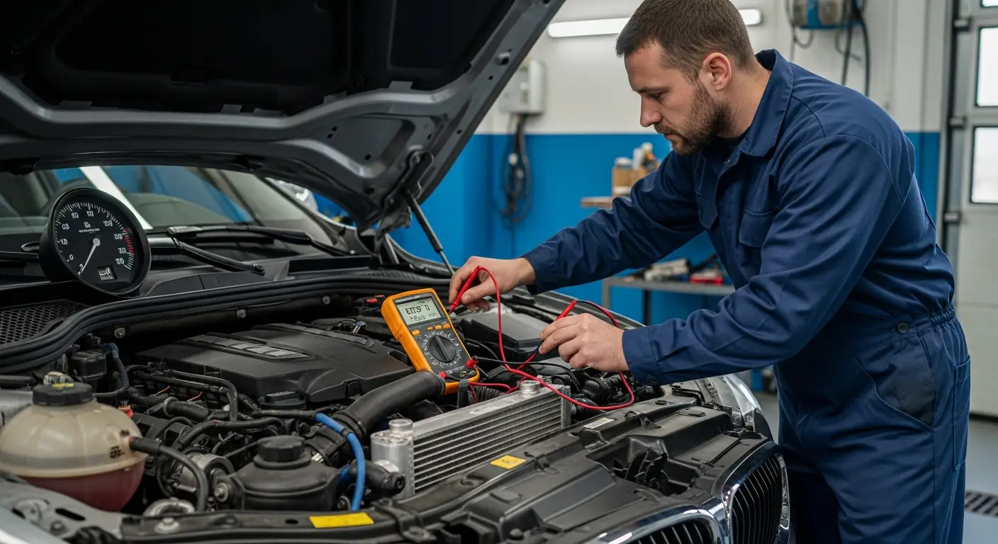 Dizelski motor s otvorenim poklopcem prikazuje svjećice užarivače, uz prikaz alata za dijagnostiku problema sa žaruljama užarivača.