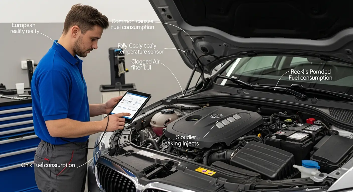 Ilustracija automobila na benzinskoj postaji s istaknutim pokazivačem goriva koji brzo opada, uz ikone za probleme poput niskog tlaka u gumama i začepljenog zračnog filtra.