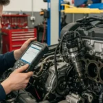 Dizelski injektor s vidljivim oštećenjima, dijagnostička oprema i automobilski motor, prikazujući simptome i rješenja kvara injektora.