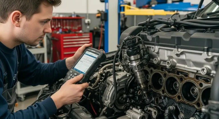 Dizelski injektor s vidljivim oštećenjima, dijagnostička oprema i automobilski motor, prikazujući simptome i rješenja kvara injektora.