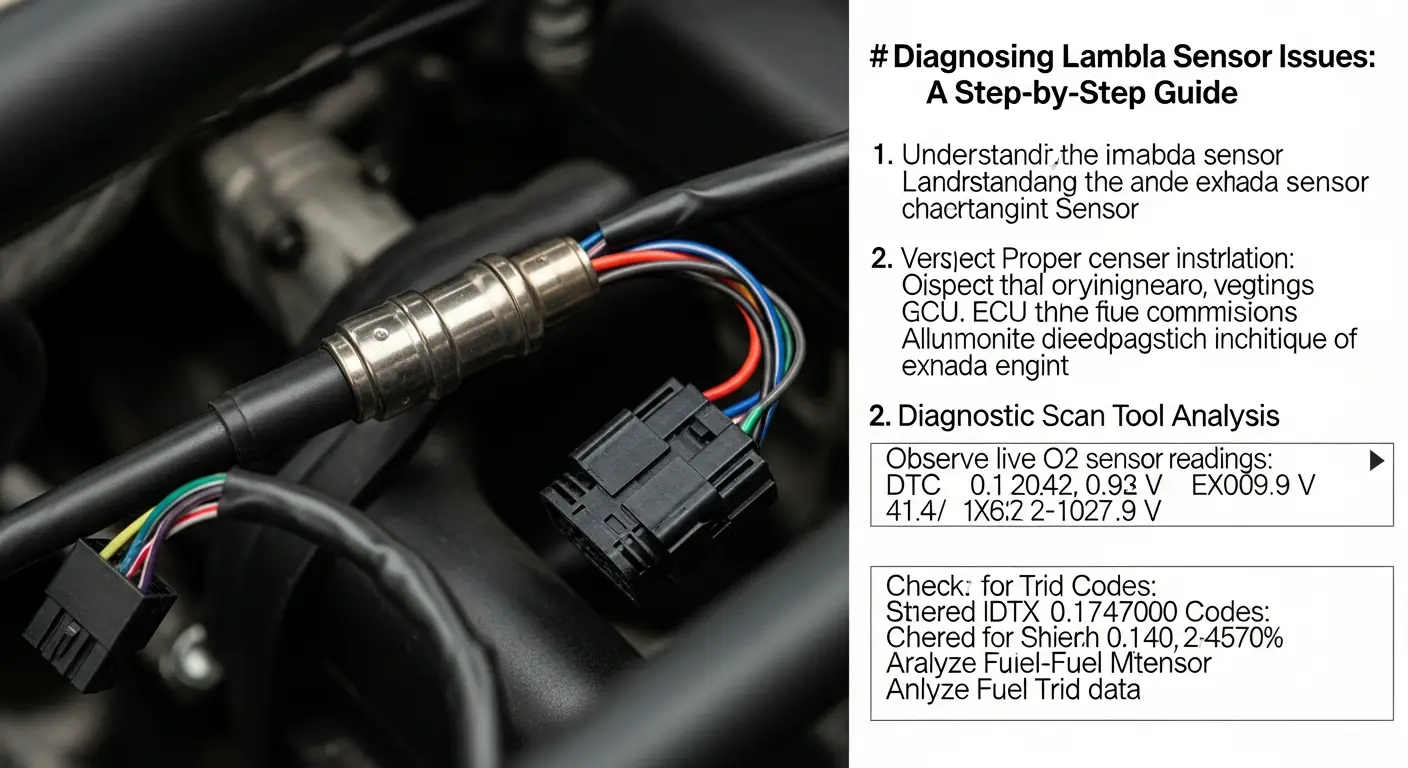 Lambda sonda u automobilskom motoru s prikazanim upozoravajućim svjetlom na kontrolnoj ploči i dijagnostičkim alatom spojenim na vozilo.
