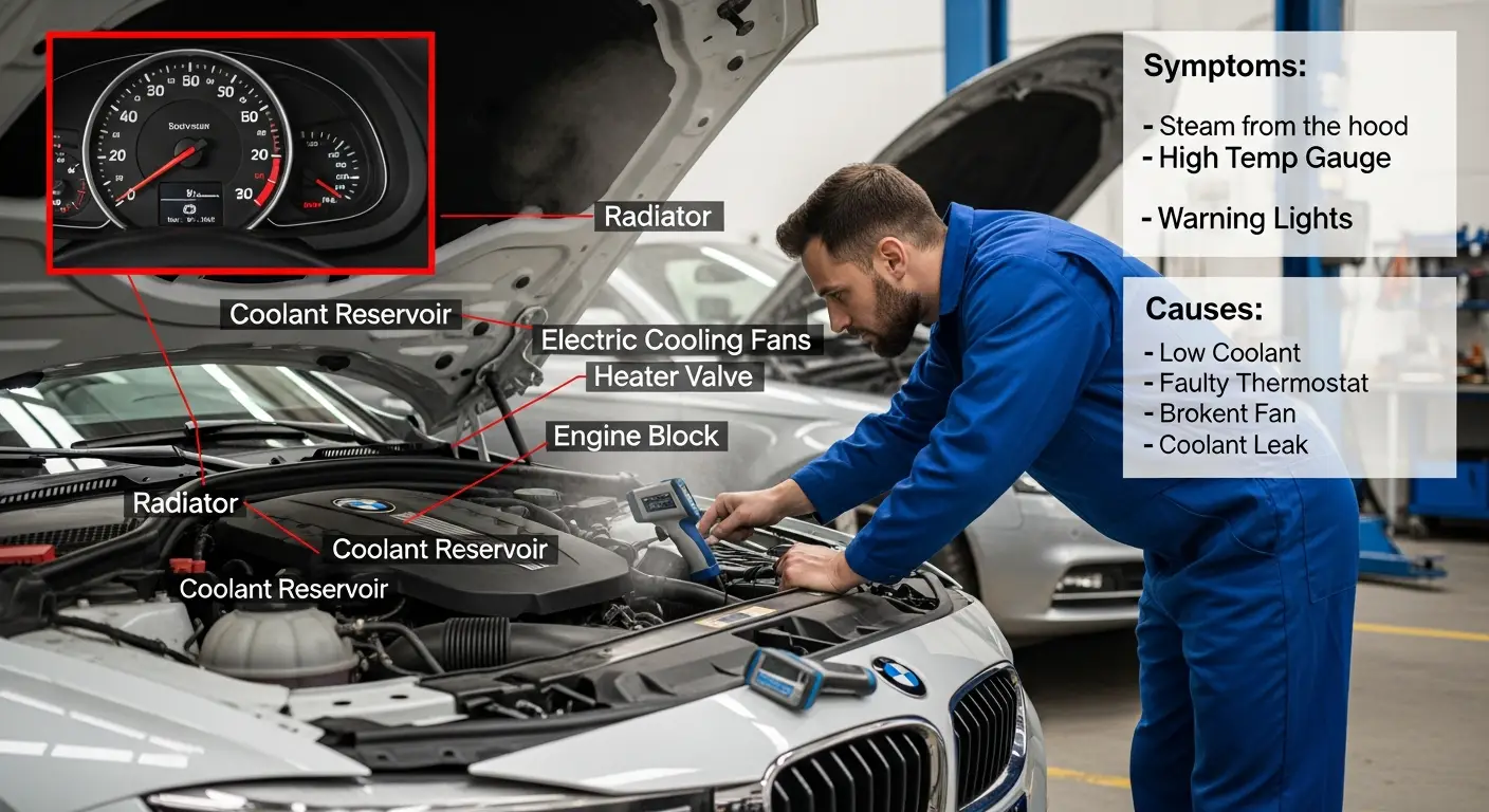 Motor automobila s otvorenom haubom ispod koje izlazi para, vozač zabrinuto gleda prema motoru – ilustracija simptoma pregrijavanja motora.