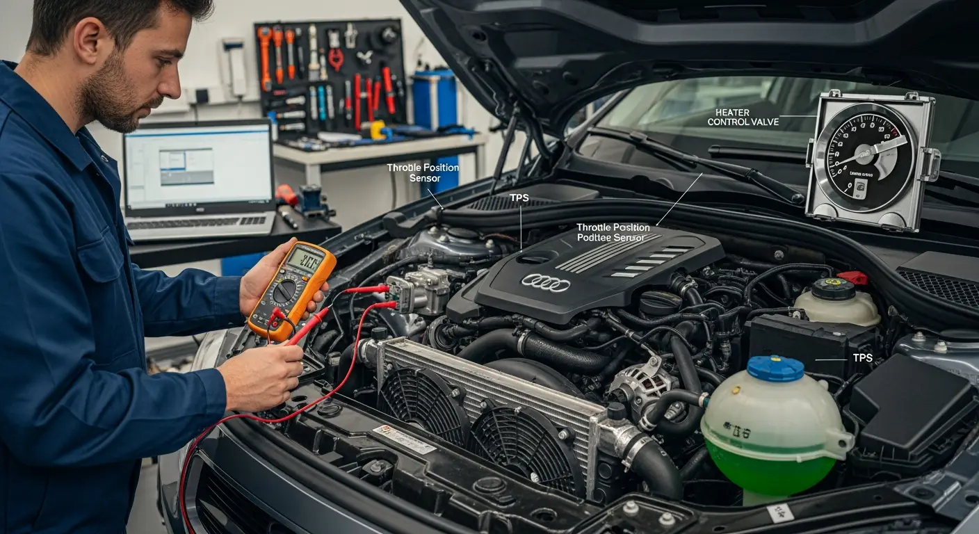 Osoba koristi multimetar za provjeru funkcionalnosti senzora položaja leptira gasa (TPS) na motoru automobila. Multimetar je spojen na TPS konektor, a motorna hauba je otvorena.