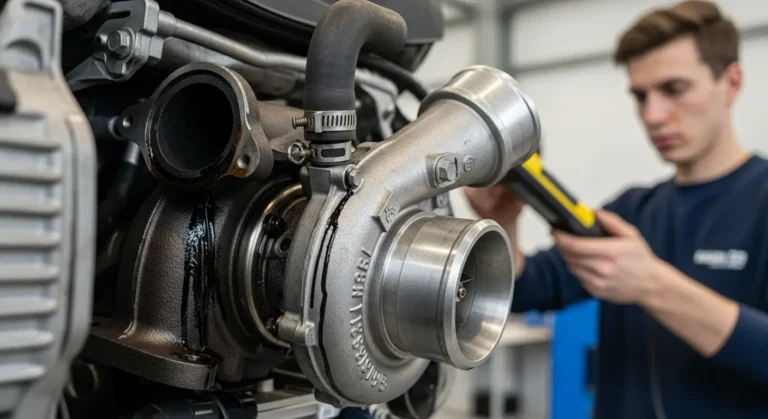 Turbo punjač automobila s vidljivim znakovima kvara: curenje ulja, dim iz auspuha i oštećeni dijelovi motora.