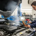 Dizelski motor, ikona svjećice žari, kontrolna lampica, teško pokretanje, dim iz auspuha, ilustracija simptoma i dijagnostike problema žarne svjećice.