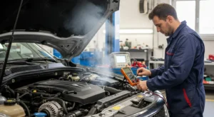 Dizelski motor, ikona svjećice žari, kontrolna lampica, teško pokretanje, dim iz auspuha, ilustracija simptoma i dijagnostike problema žarne svjećice.