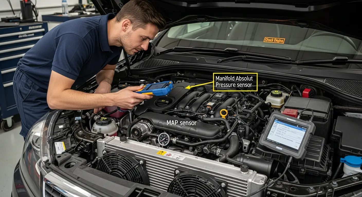 Senzor MAP (senzor apsolutnog tlaka u usisnoj grani) prikazan u automobilskom motoru s označenim simptomima kvara. Dijagram također prikazuje metode dijagnostike i provjere ispravnosti MAP senzora.