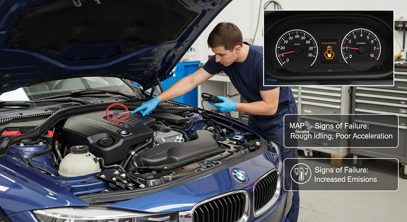 Senzor MAP u automobilu prikazan je sa strelicom, istaknut među motorom i ostalim komponentama, uz ilustrirane simptome kvara poput povećane potrošnje goriva i nepravilnog rada motora.