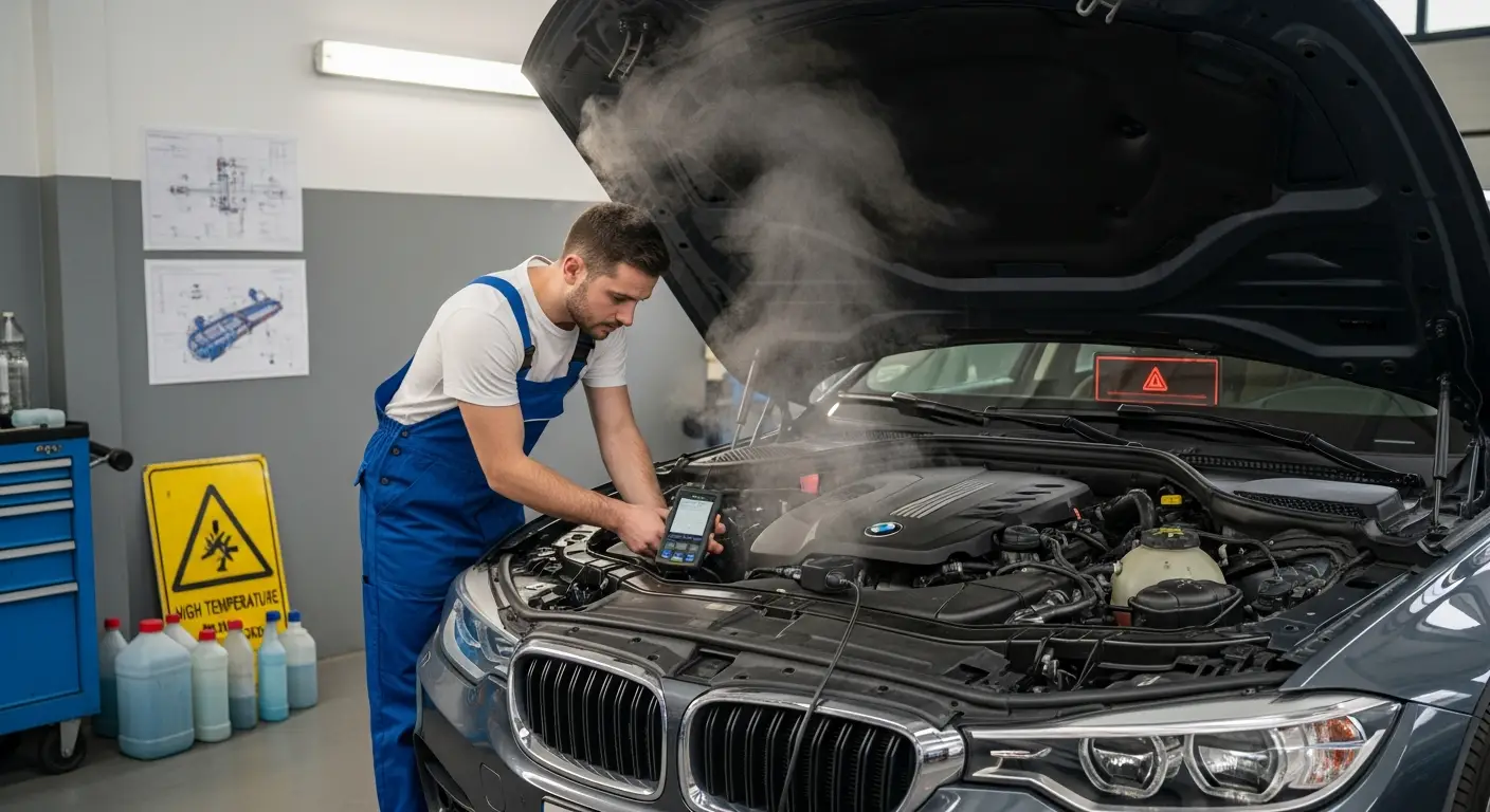 Simptomi pregrijavanja motora uključuju porast temperature i dim iz motora, a uzroci mogu biti curenje rashladne tekućine ili neispravan termostat; odmah se zaustavite, ugasite motor i provjerite razinu rashladne tekućine.