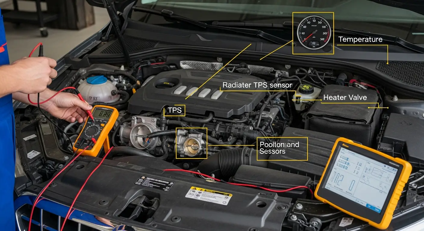 Vozač koristi multimetar za mjerenje napona na senzoru položaja leptira gasa (TPS) u automobilu kako bi provjerio njegovu ispravnost.
(Driver uses a multimeter to measure voltage on the throttle position sensor (TPS) in a car to check its functionality.)