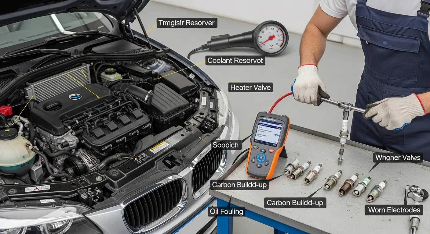 Vozač otvara poklopac motora automobila i drži svjećicu u ruci, pokazujući znakove istrošenosti i naslaga na elektrodi. U pozadini se vidi motor vozila s alatom za provjeru svjećica.