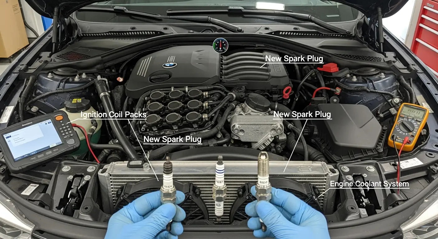 Vozač pregledava svjećice motora automobila, pokazujući istrošene i zaprljane svjećice na pozadini otvorenog motornog prostora.