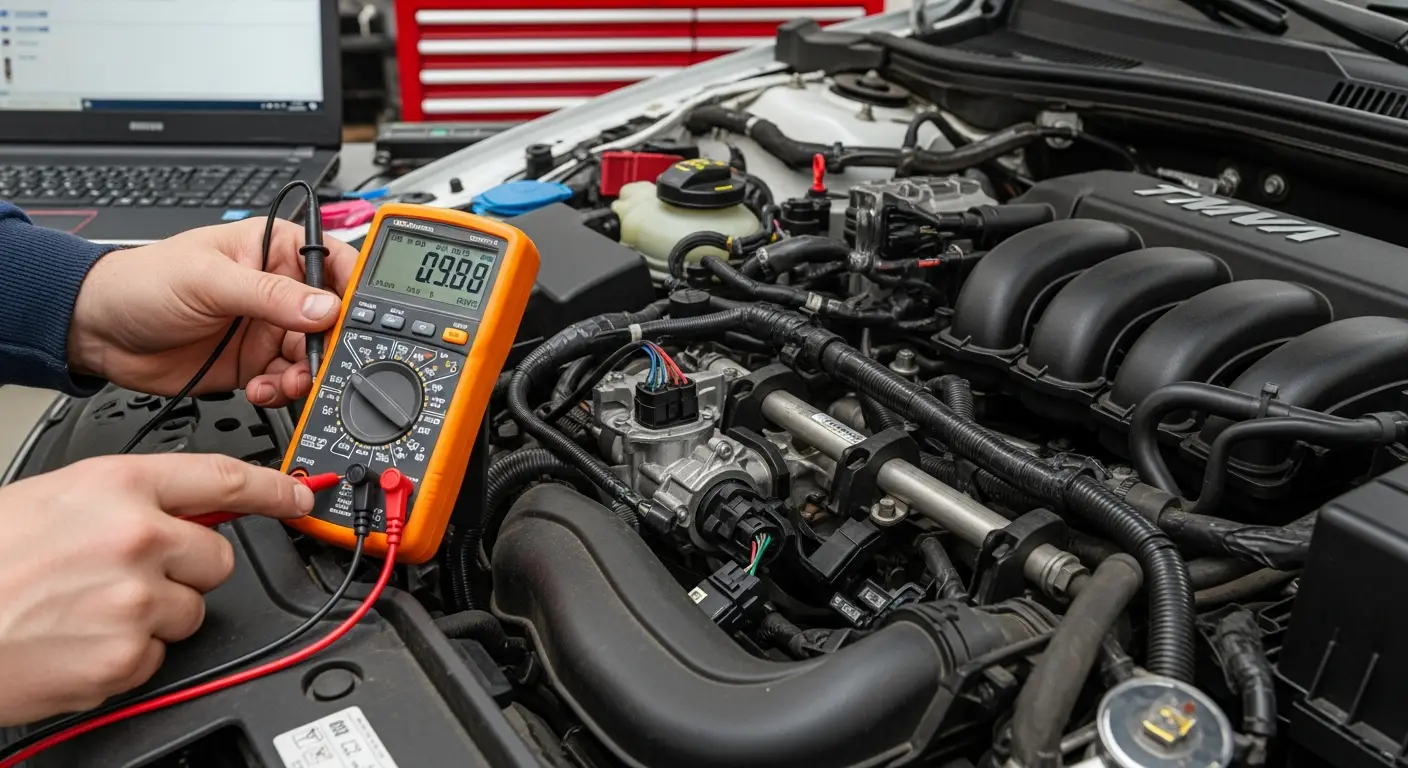 Za provjeru ispravnosti senzora položaja leptira gasa (TPS), multimetrom izmjerite napon na izlaznom priključku senzora dok polako pritiskate papučicu gasa i provjerite je li promjena napona glatka i kontinuirana.