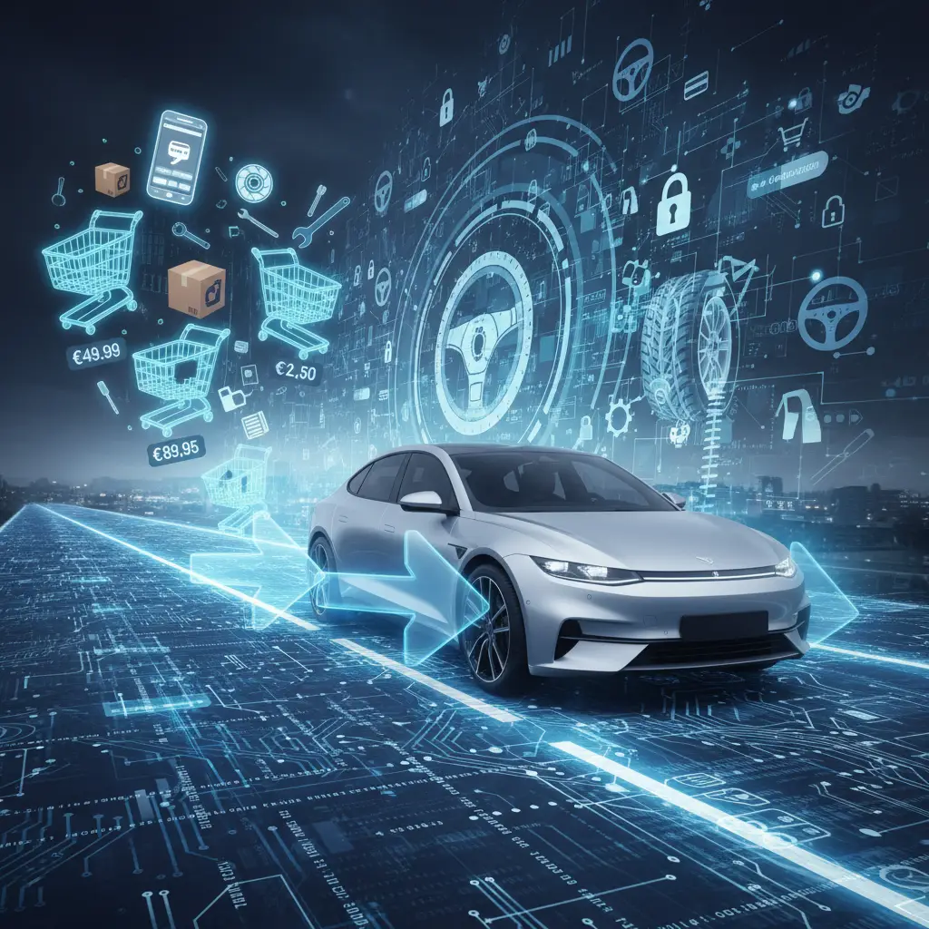 Automobil vozi cestom dok vozač pokušava ispraviti volan koji vuče ulijevo; strelice i simboli naglašavaju neujednačenost kotača i potrebnu korekciju.