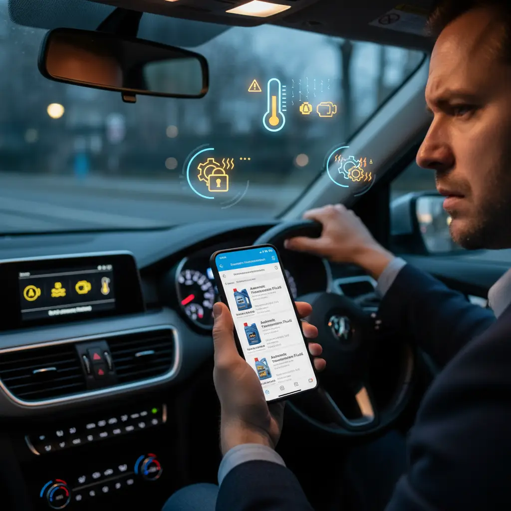 Automobilska instrument ploča s upaljenom lampicom upozorenja, dok vozač primjećuje teškoće pri mijenjanju brzina zbog niske razine automatskog transmisijskog ulja.