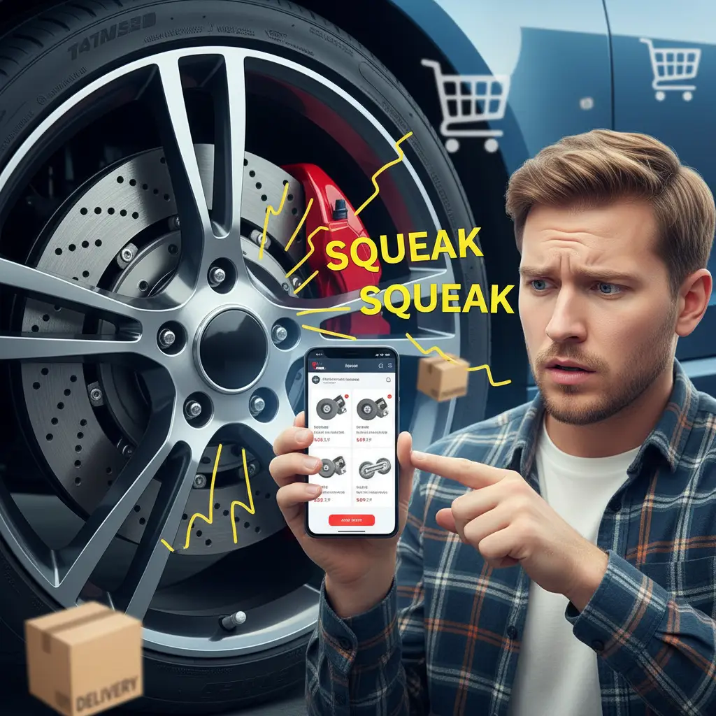 Bliski prikaz automobilske kočnice s jasno vidljivim diskovima i kočionim pločicama, uz ilustrirane valove zvuka koji simboliziraju škripanje.