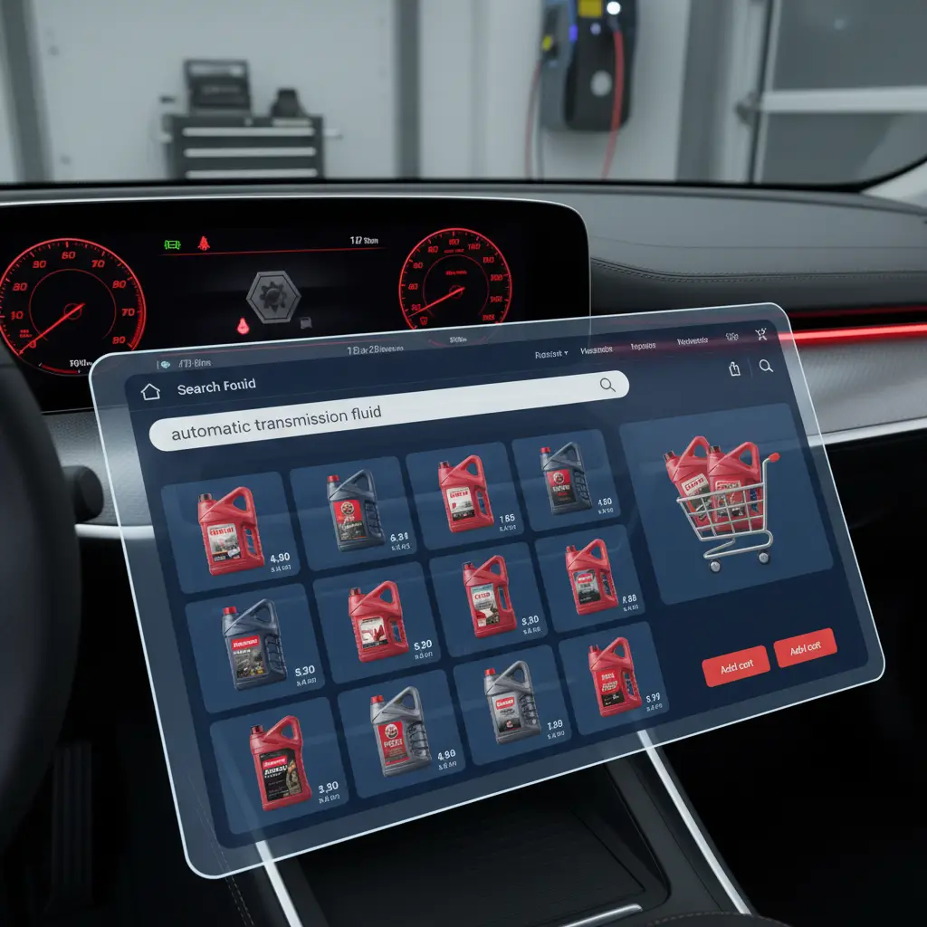 Crtež automobila s upaljenim lampicama na instrument ploči, dok iz mjenjača kaplje crvena tekućina na pod.
Automobil zastoja na cesti, vozač zabrinuto gleda pod haubu gdje se vidi curenje transmisijskog ulja.
