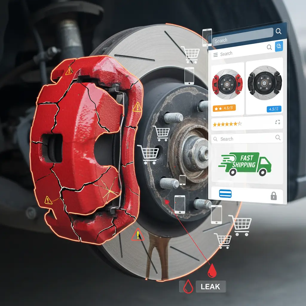 Detaljan prikaz automobilskog kotača s vidljivim kočionim kliještima, pri čemu se ističu znakovi istrošenosti i hrđe, uz ilustrirane simptome neispravnog kočenja.