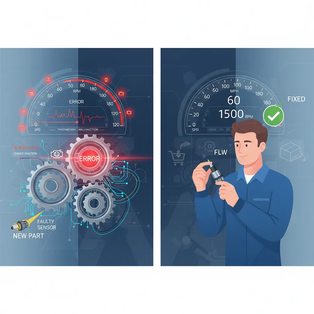 Ilustracija automobila s označenim položajem senzora brzine prijenosa, uz upozoravajuće lampice na ploči s instrumentima koje signaliziraju kvar.