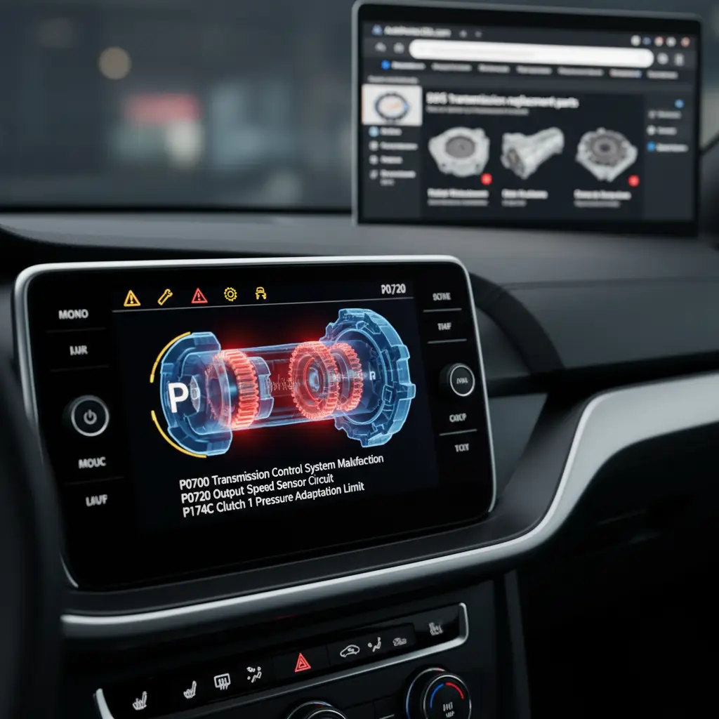 Ilustracija automobilske DSG mjenjačke kutije s istaknutim simbolima upozorenja i prikazom vozača koji doživljava trzaje tijekom vožnje.
