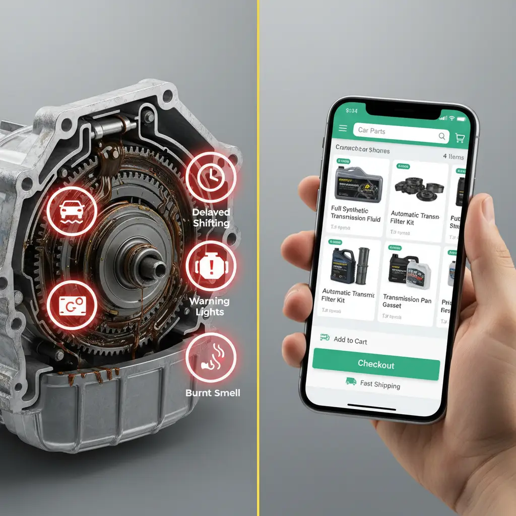 Ilustracija automobilske instrument ploče s upozoravajućom lampicom mjenjača i tamnom, prljavom tekućinom u bočici, uz znakove usporene vožnje i trzanja vozila.
