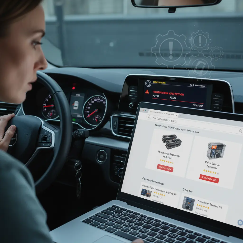 Ilustracija instrument ploče automobila s upaljenom lampicom za kvar mjenjača i prikazom DSG prijenosa u presjeku, naglašavajući moguće simptome i dijagnostiku kvara.