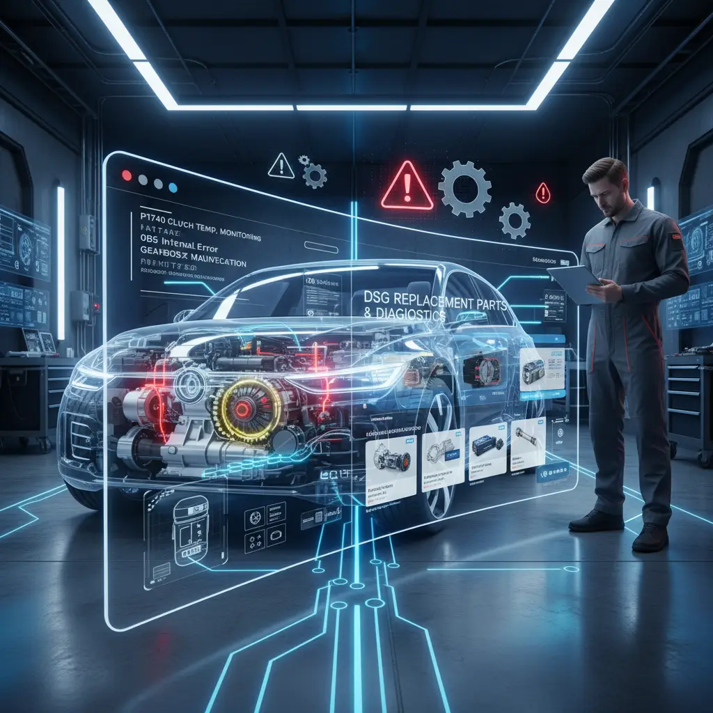 Ilustracija prikazuje automobil s upaljenim lampicama na instrument ploči, dok mehaničar provjerava DSG mjenjač zbog mogućih kvarova i simptoma poput trzanja ili gubitka snage.
