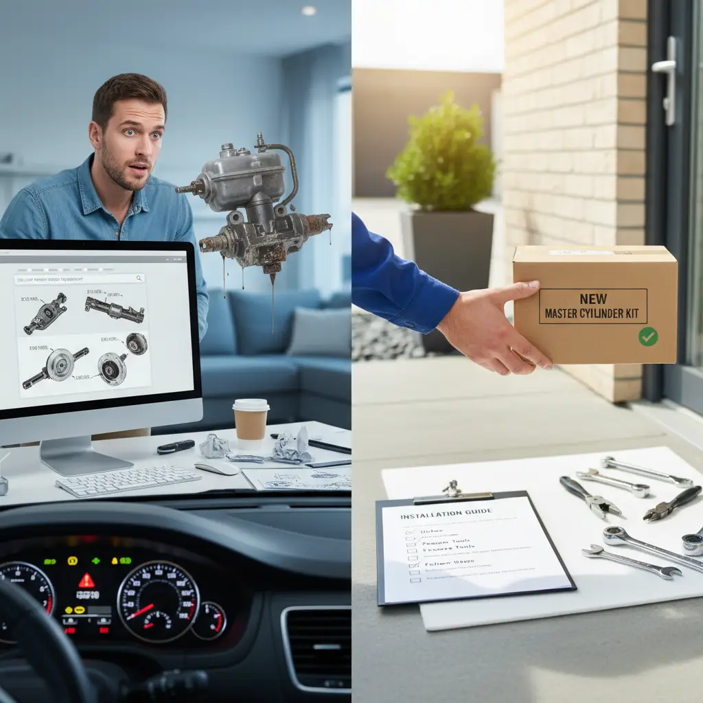 Mehaničar pokazuje na curenje tekućine oko glavnog kočionog cilindra automobila, naglašavajući simptome kvara i potrebu za popravkom.