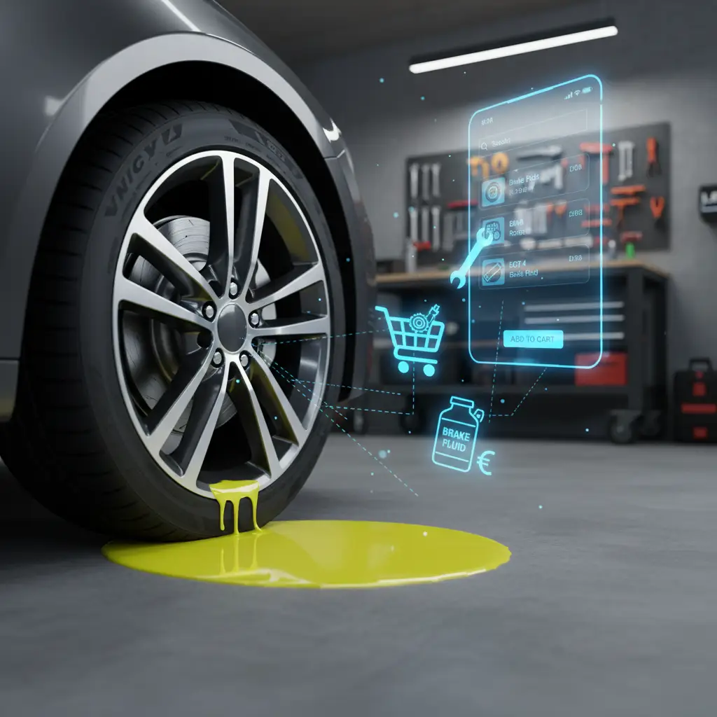 Mehaničar pokazuje na mokro područje ispod automobila, dok drugi drži bocu s kočionom tekućinom, prikazujući znakove curenja i potrebnu popravku.