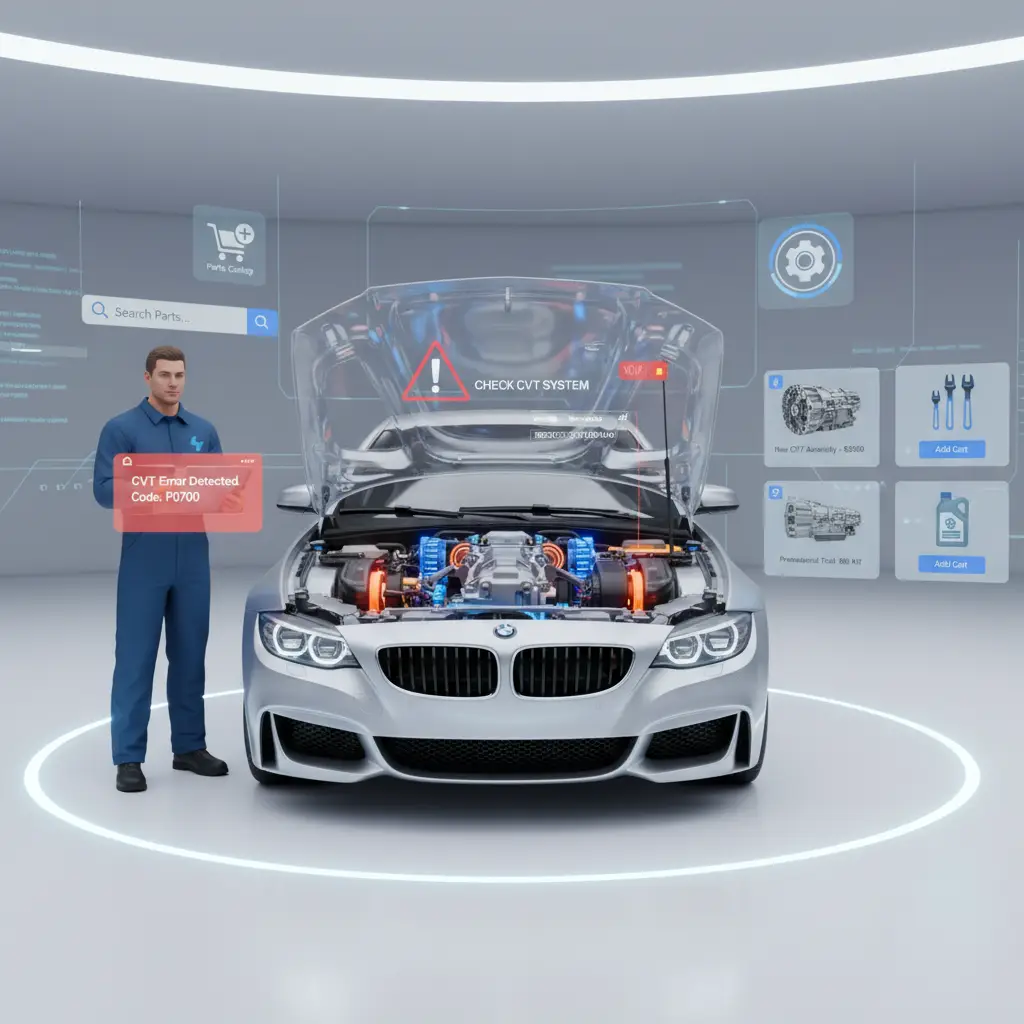 Mehaničar pregledava automatski CVT mjenjač automobila dok ispod haube traži uzrok kvara. Na radnom stolu nalaze se alati i dijelovi prijenosa.
