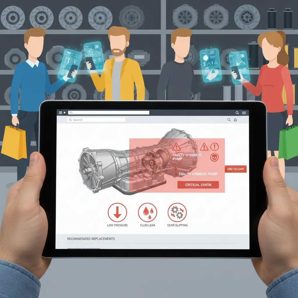 Mehaničar pregledava automatski mjenjač vozila, dok ilustracija prikazuje simptome poput neobičnih zvukova i curenja tekućine, ukazujući na kvar hidraulične pumpe.