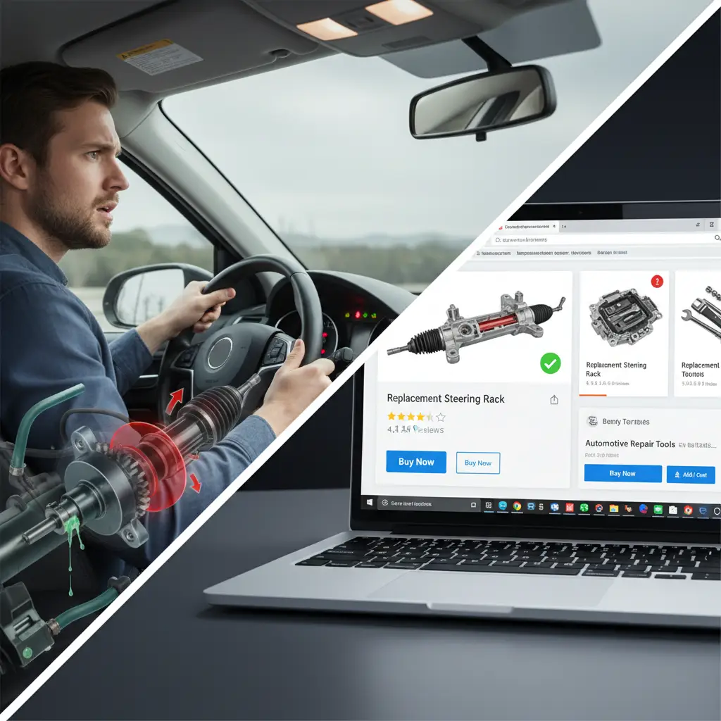 Mehaničar pregledava automobilsku letvu volana ispod haube, dok na ilustraciji pored su prikazani simptomi kao što su teško okretanje volana i curenje ulja.