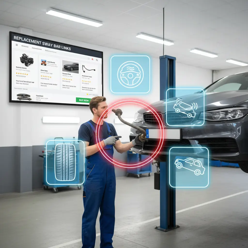Mehaničar pregledava automobilsku ovjesnu šipku dok pokazuje na istrošeni spoj stabilizatora, a u pozadini se vidi kotač vozila.