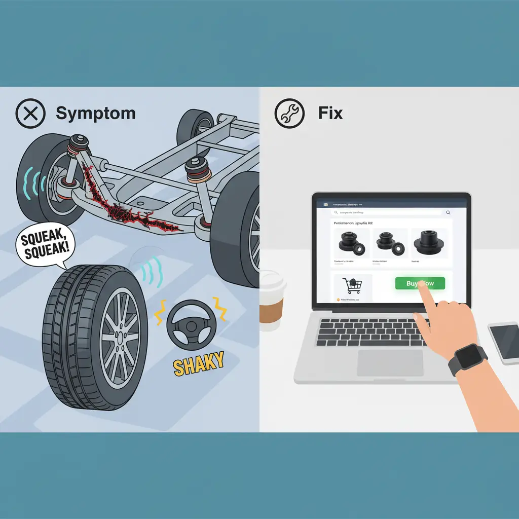 Mehaničar pregledava istrošene ovjesne čahure na automobilu podignutom na dizalicu, pokazujući znakove pucanja i oštećenja gume.